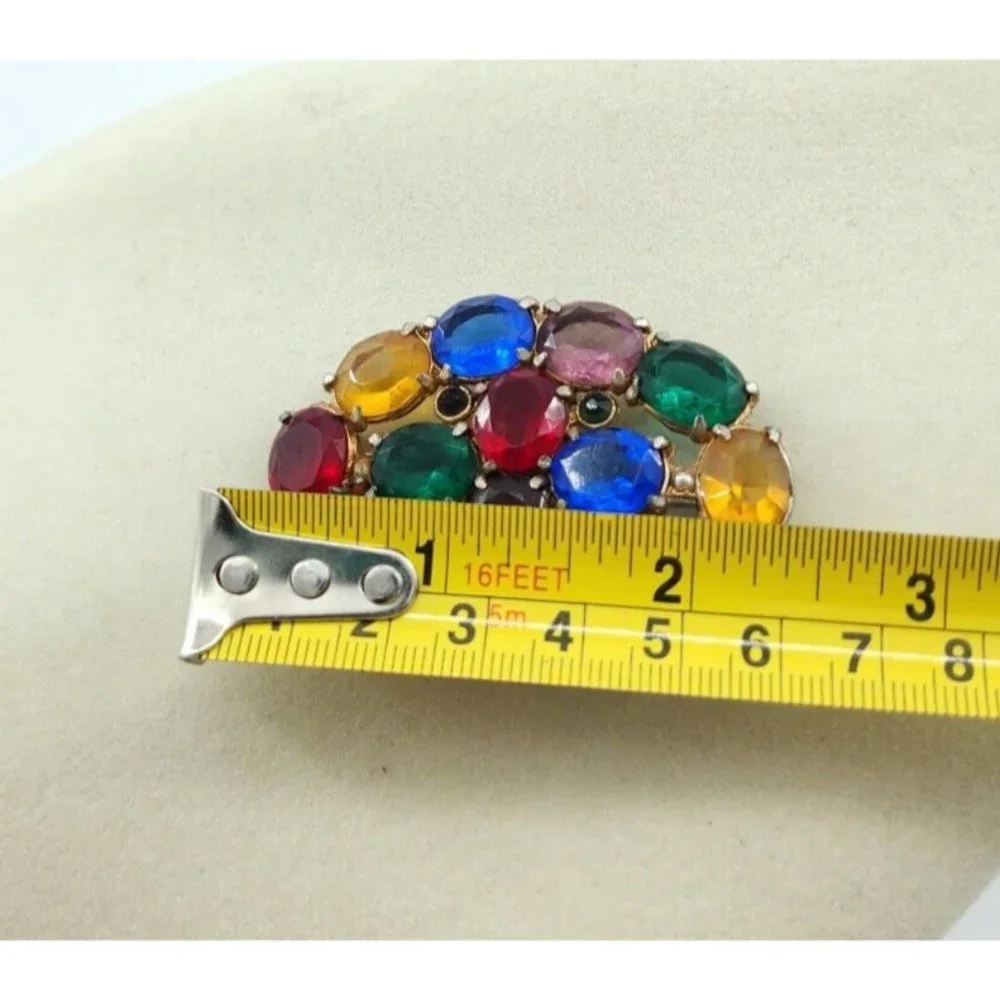 Vintage Unbranded Gold Tone Oval Brooch Multicolor Rhinestone Fruit‎ Salad Heavy